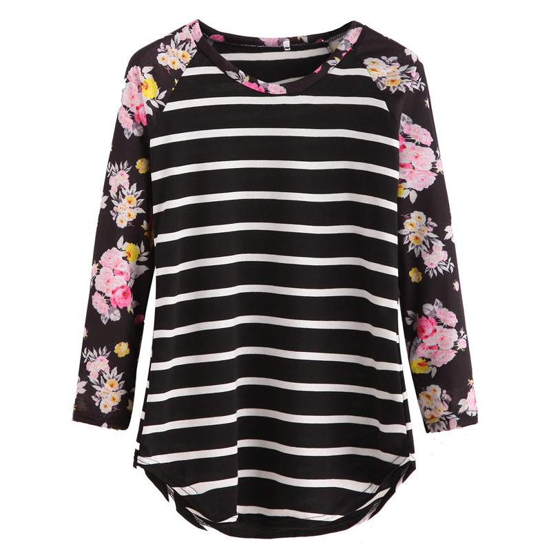 DIDK-Autumn-Woman-Casual-Tee-Shirt-Ladies-Round-Neck-Long-Sleeve-Black-Striped-Floral-Print-Contrast-32735272001