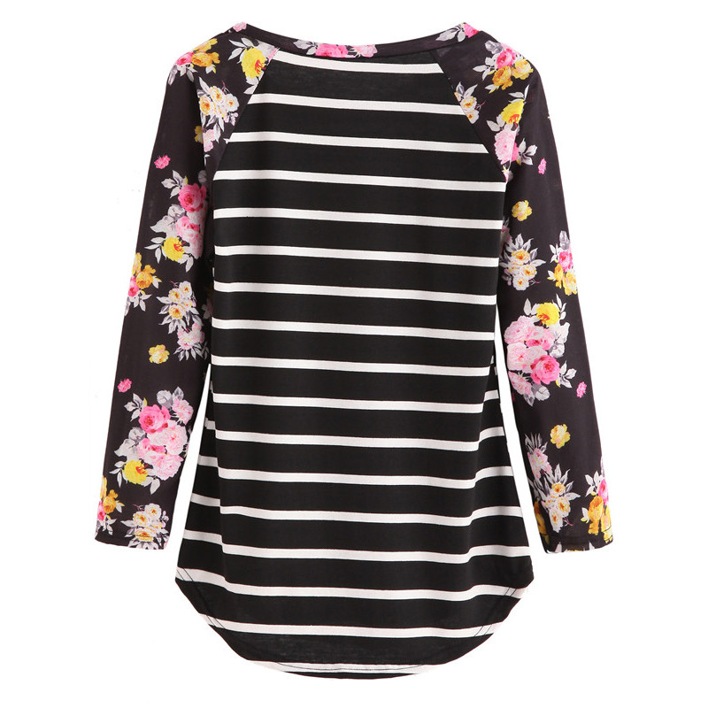 DIDK-Autumn-Woman-Casual-Tee-Shirt-Ladies-Round-Neck-Long-Sleeve-Black-Striped-Floral-Print-Contrast-32735272001