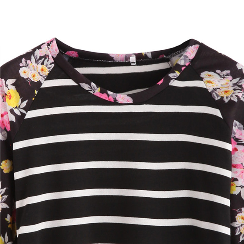 DIDK-Autumn-Woman-Casual-Tee-Shirt-Ladies-Round-Neck-Long-Sleeve-Black-Striped-Floral-Print-Contrast-32735272001