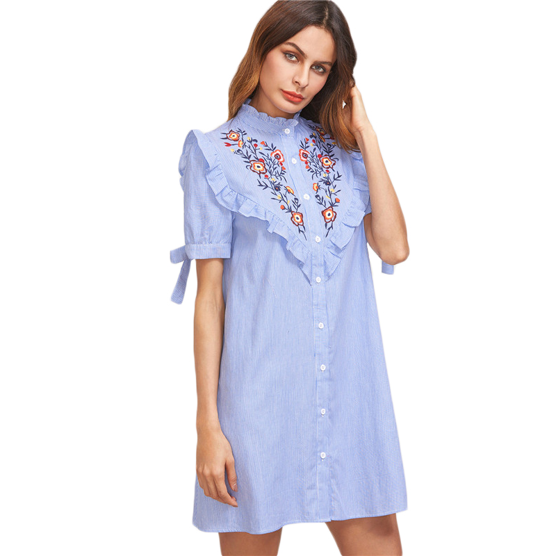 DIDK-Women-Summer-Dress-Ladies-Short-Sleeve-Shift-Dress-Blue-Striped-Ruffle-Trim-Tie-Sleeve-Embroide-32792361333