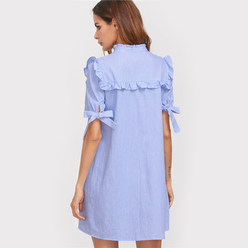 DIDK-Women-Summer-Dress-Ladies-Short-Sleeve-Shift-Dress-Blue-Striped-Ruffle-Trim-Tie-Sleeve-Embroide-32792361333