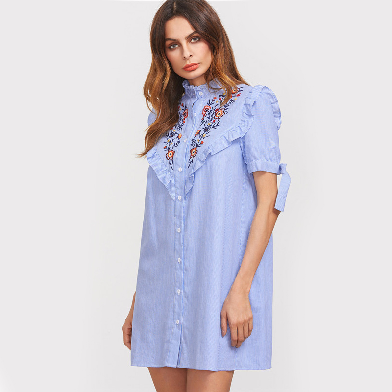 DIDK-Women-Summer-Dress-Ladies-Short-Sleeve-Shift-Dress-Blue-Striped-Ruffle-Trim-Tie-Sleeve-Embroide-32792361333