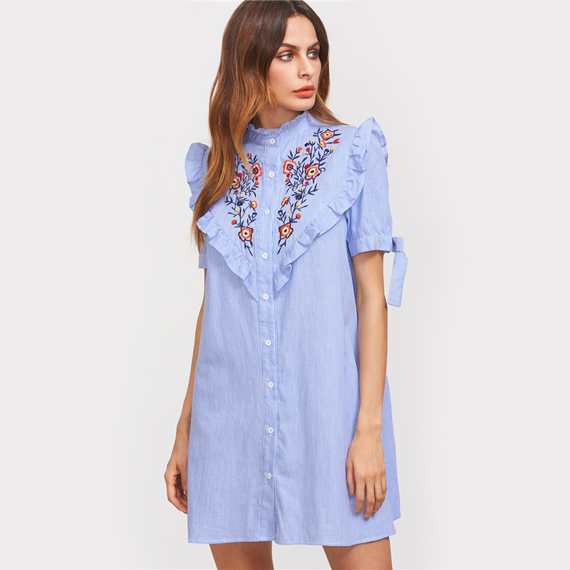 DIDK-Women-Summer-Dress-Ladies-Short-Sleeve-Shift-Dress-Blue-Striped-Ruffle-Trim-Tie-Sleeve-Embroide-32792361333