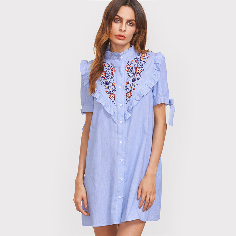 DIDK-Women-Summer-Dress-Ladies-Short-Sleeve-Shift-Dress-Blue-Striped-Ruffle-Trim-Tie-Sleeve-Embroide-32792361333