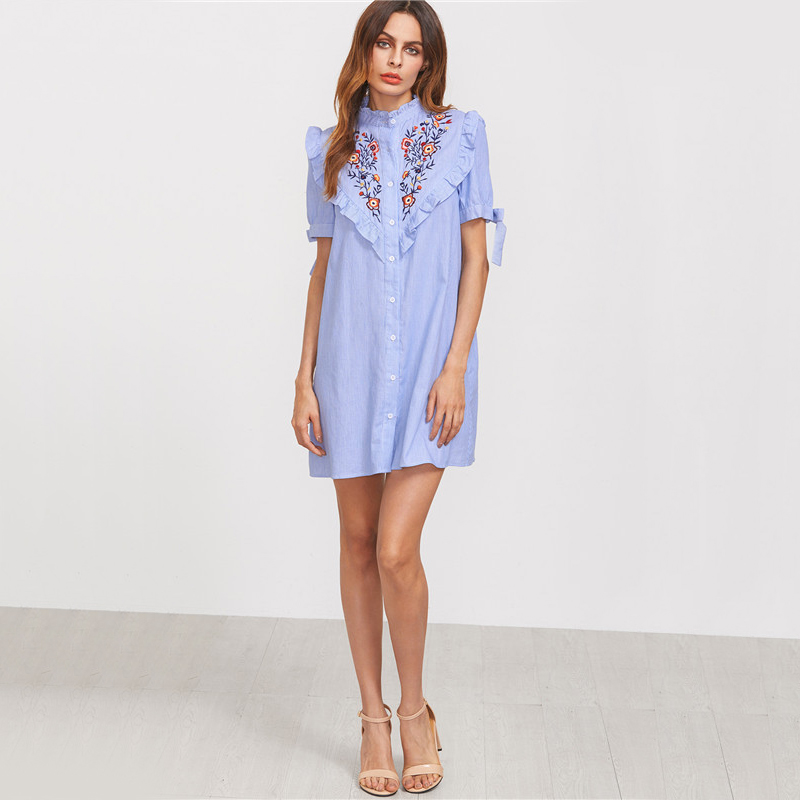 DIDK-Women-Summer-Dress-Ladies-Short-Sleeve-Shift-Dress-Blue-Striped-Ruffle-Trim-Tie-Sleeve-Embroide-32792361333