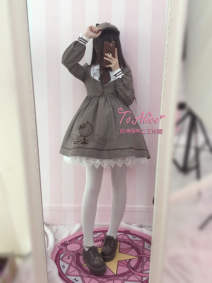 Detective-Cat-Women39s-Preppy-Style-Neck-Tie-Long-Sleeve-Lolita-Dress-Striped-Peter-Pan-Collar-Lace--32769852861