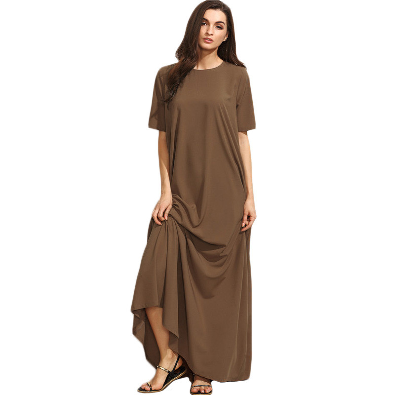 Dotfashion-Brown-Short-Sleeve-Zipper-Back-Maxi-Dress-Autumn-New-Style-Round-Neck-Plain-Long-Casual-D-32708224314