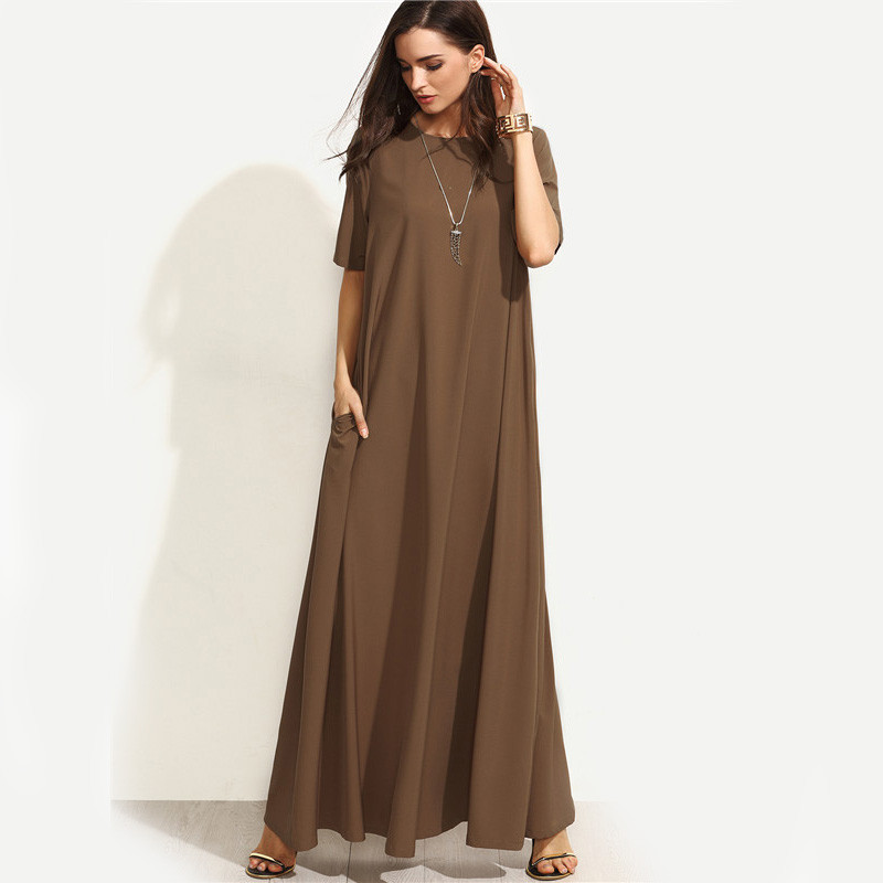 Dotfashion-Brown-Short-Sleeve-Zipper-Back-Maxi-Dress-Autumn-New-Style-Round-Neck-Plain-Long-Casual-D-32708224314