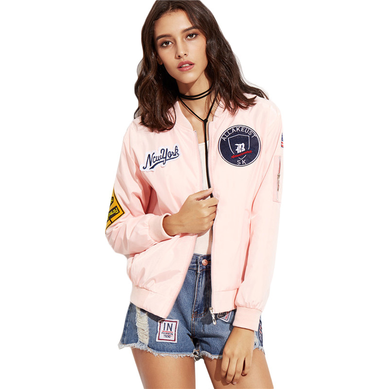 Dotfashion-Pink-Embroidered-Patch-Zipper-Bomber-Jacket-Women39s-Stand-Collar-Long-Sleeve-Twin-Pocket-32733798140