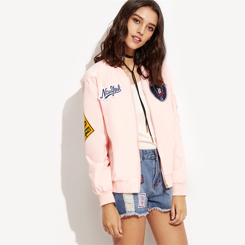 Dotfashion-Pink-Embroidered-Patch-Zipper-Bomber-Jacket-Women39s-Stand-Collar-Long-Sleeve-Twin-Pocket-32733798140