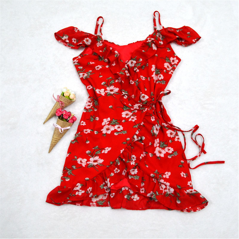 Elegant Off Shoulder Ruffle Floral Print Summer Dress Women High Waist Strap Beach Dress Boho 