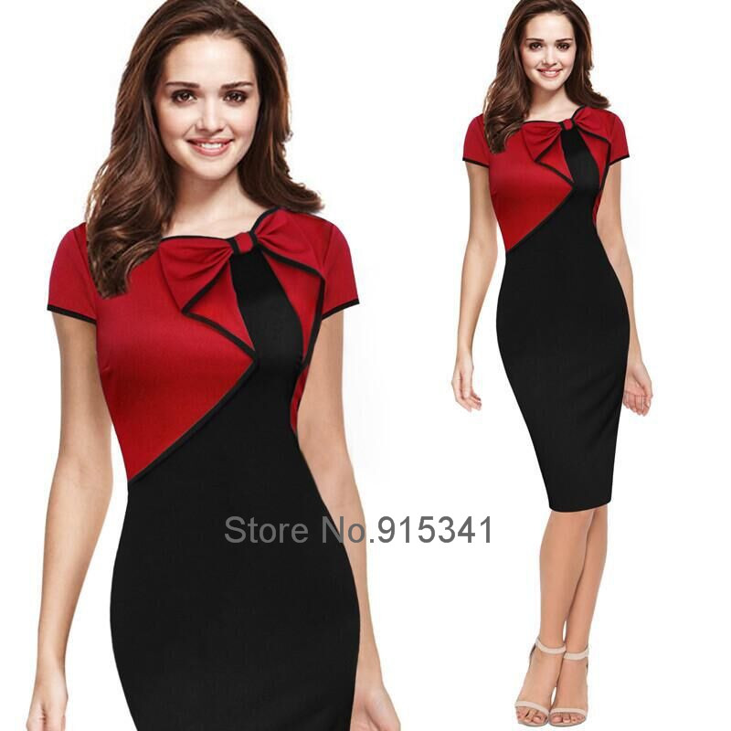 Elegant-Women-Bow-Contrast-Color-Patchwork-Sheath-Bodycon-Pencil-Dress-Knee-Length-Wear-to-Work-Busi-32726347428