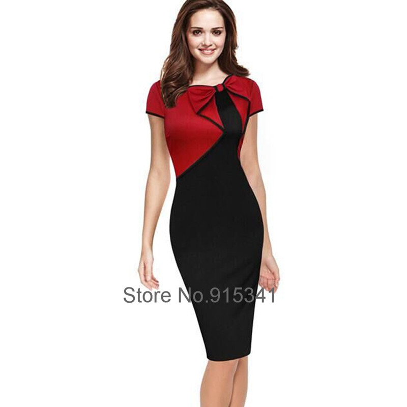 Elegant-Women-Bow-Contrast-Color-Patchwork-Sheath-Bodycon-Pencil-Dress-Knee-Length-Wear-to-Work-Busi-32726347428