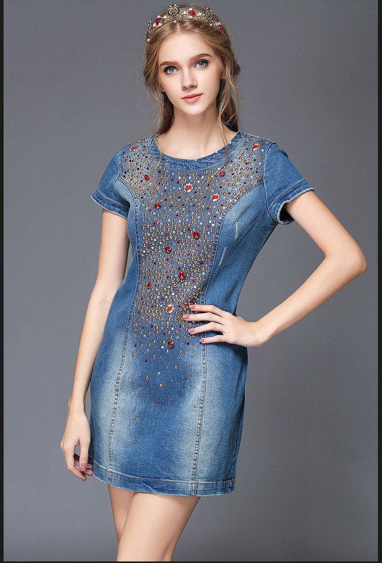 Embellished-Denim-Dress-Short-Sleeve-Beaded-Women-Summer-Dresses-Party-Blue-32416298962