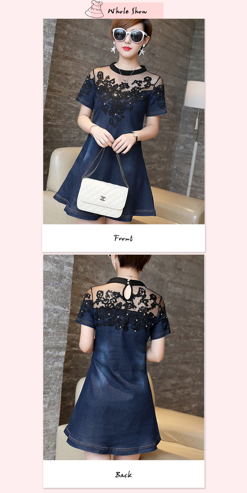 Embroidery-Mesh-Lace-Denim-Dress-Patchwork-Slim-Women-Short-Sleeve-Pure-Color-Thin-A-line-Jeans-Dres-32696212292