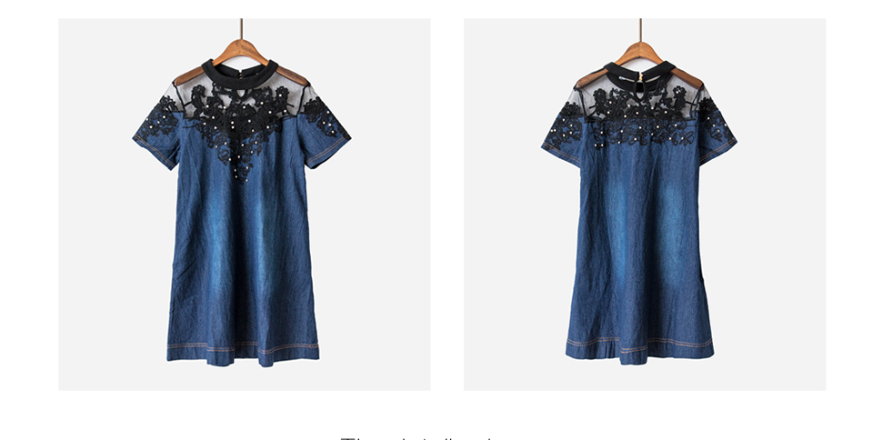 Embroidery-Mesh-Lace-Denim-Dress-Patchwork-Slim-Women-Short-Sleeve-Pure-Color-Thin-A-line-Jeans-Dres-32696212292