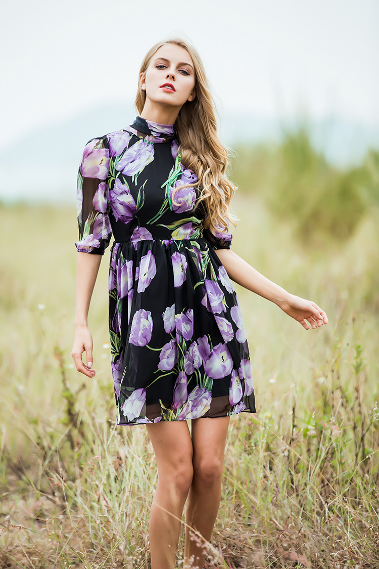 Fashion-Dress-Summer-Spring-New--Women39s-2017-New-Half-Lantern-Sleeve-Purple-Flowers-Printed-Emrboi-32728822483