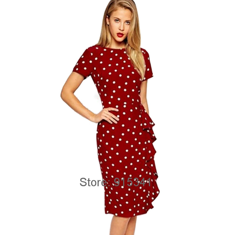 Fashionable-Womens-Elegant-Polka-Dot-Stretchy-Cotton-Ruffles-Sheath-Bodycon-Knee-length-Casual-Penci-32731031096