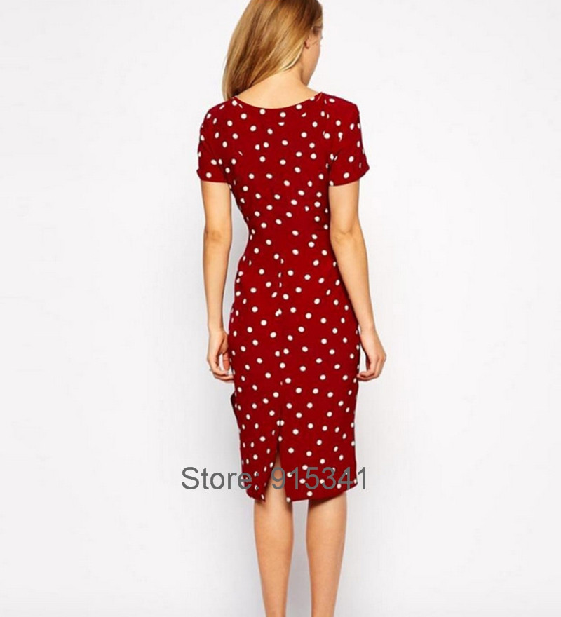 Fashionable-Womens-Elegant-Polka-Dot-Stretchy-Cotton-Ruffles-Sheath-Bodycon-Knee-length-Casual-Penci-32731031096