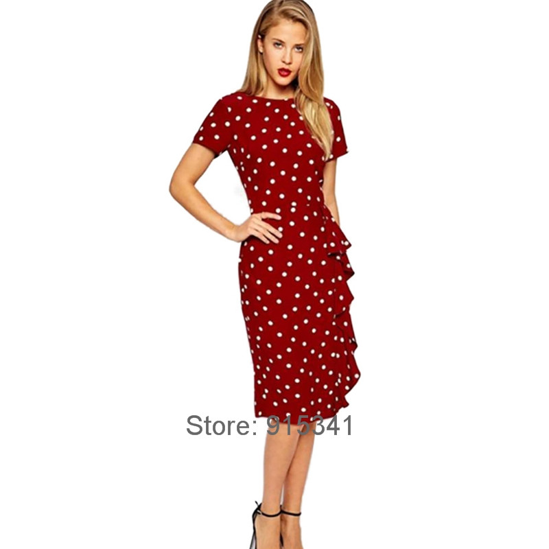 Fashionable-Womens-Elegant-Polka-Dot-Stretchy-Cotton-Ruffles-Sheath-Bodycon-Knee-length-Casual-Penci-32731031096