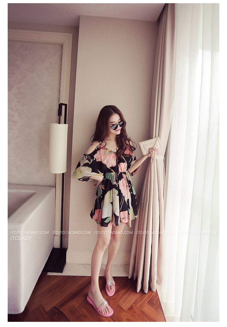 Fitaylor-2018-summer-new-Best-Sellers-Off-Shoulder-Chiffon-Flower-print-dress-woman-slim-V-neck-Elas-32791674896