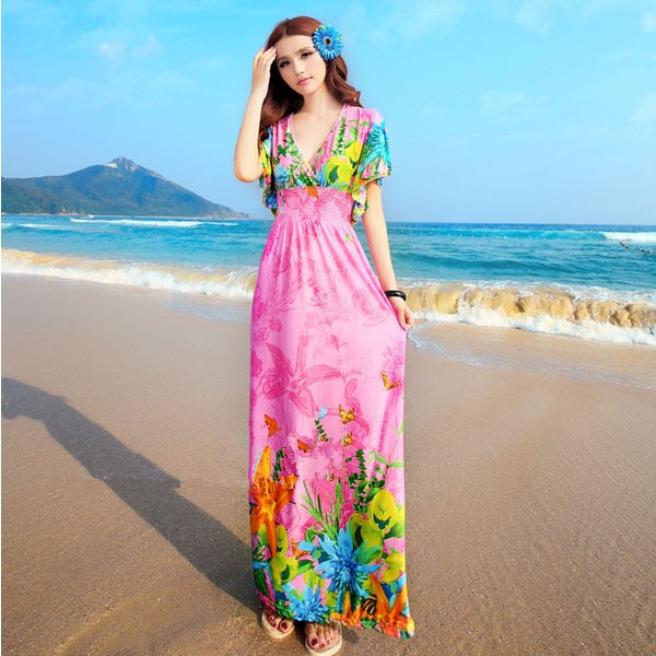 Free-Shipping-New-Sexy-Casual-Women-Floor-Length-Beach-Dress-Butterfly-Sleeve-Print-Bow-V-Neck-Summe-32304442905