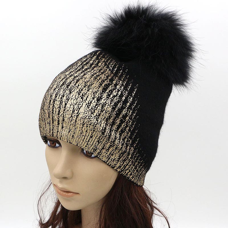 GZHilovingL-Soft-Warm-Winter-Beanie-Gold-Metallic-With-Fur-Pompom-Caps-Cool-Wool-Thick-Winter-Fur-Ha-32771875136