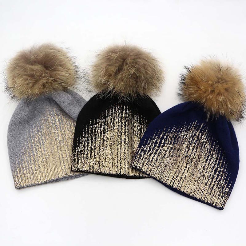 GZHilovingL-Soft-Warm-Winter-Beanie-Gold-Metallic-With-Fur-Pompom-Caps-Cool-Wool-Thick-Winter-Fur-Ha-32771875136