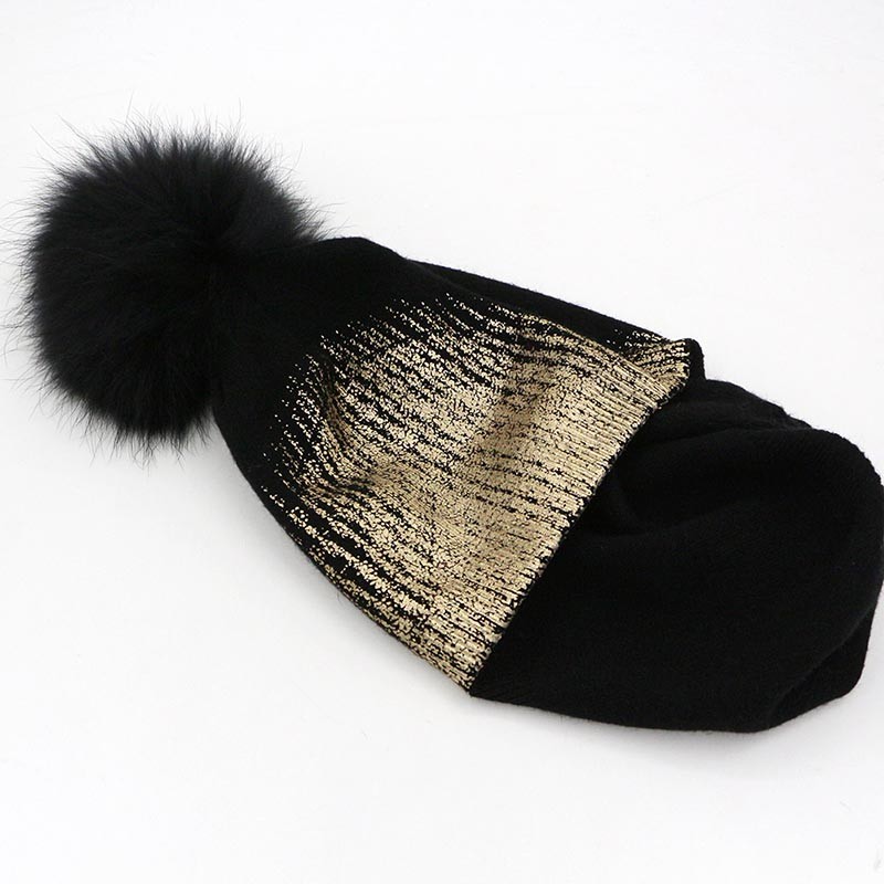 GZHilovingL-Soft-Warm-Winter-Beanie-Gold-Metallic-With-Fur-Pompom-Caps-Cool-Wool-Thick-Winter-Fur-Ha-32771875136