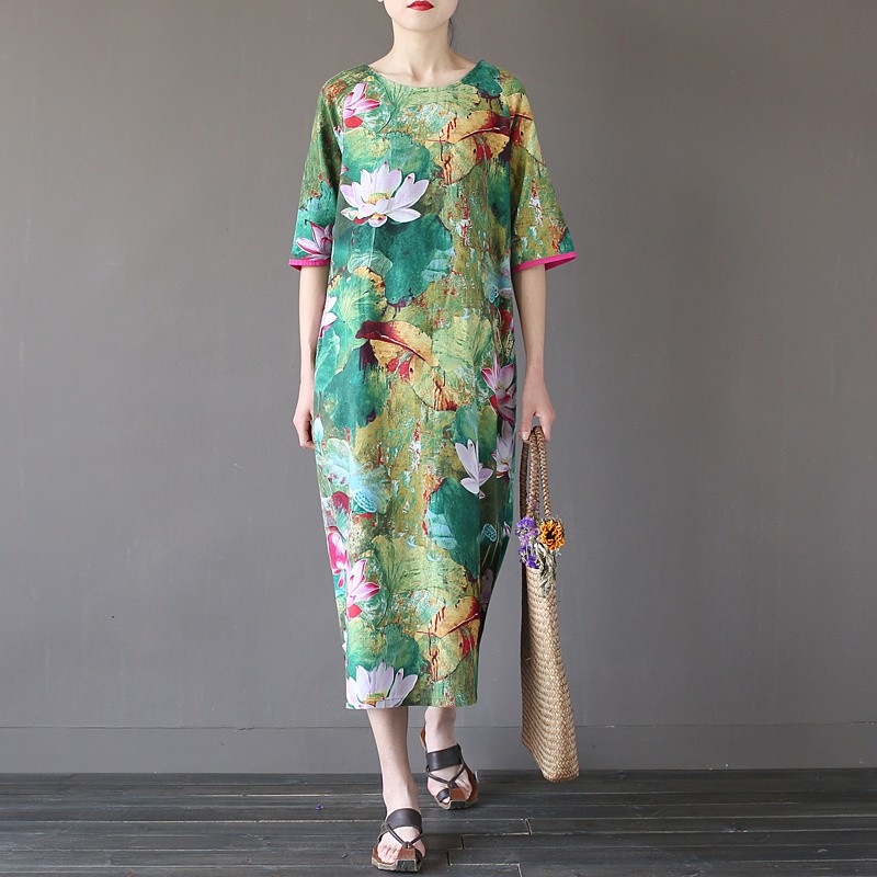 Green-Lotus-flower-Print-O-neck-Women-Long-Dress-Vintage-Chinese-style-Loose-Casual-Summer-Dress-Plu-32674353186