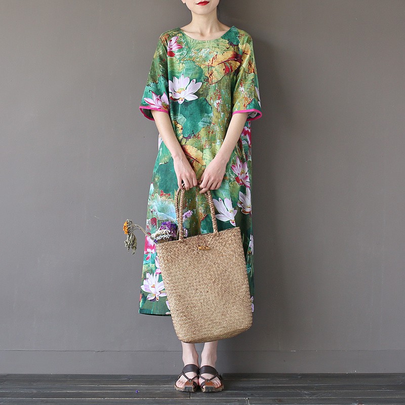 Green-Lotus-flower-Print-O-neck-Women-Long-Dress-Vintage-Chinese-style-Loose-Casual-Summer-Dress-Plu-32674353186