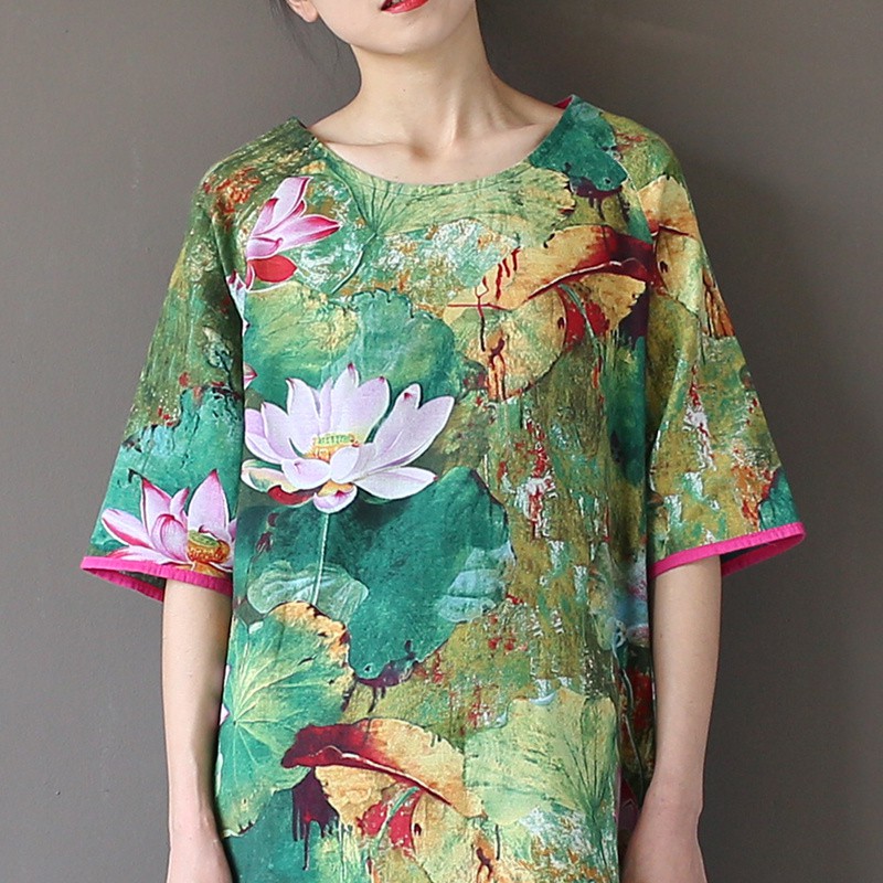 Green-Lotus-flower-Print-O-neck-Women-Long-Dress-Vintage-Chinese-style-Loose-Casual-Summer-Dress-Plu-32674353186