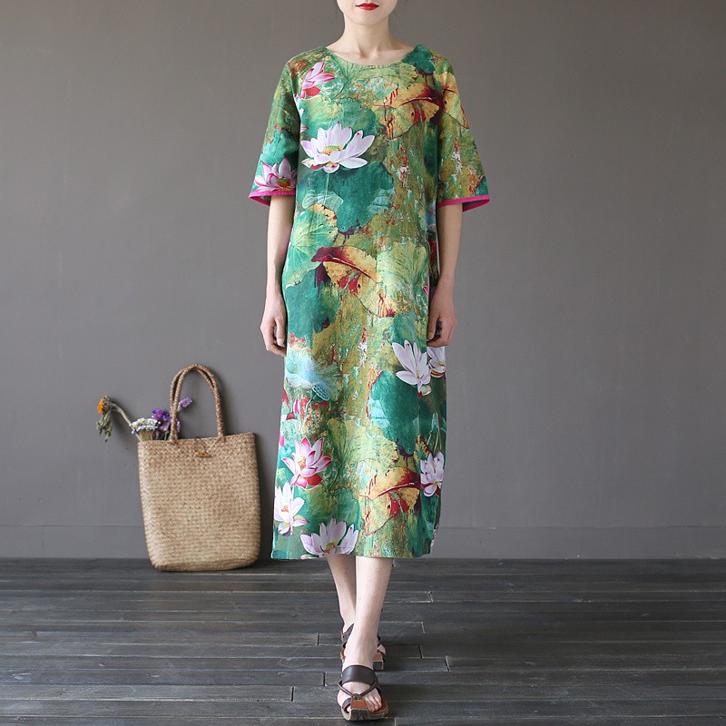 Green-Lotus-flower-Print-O-neck-Women-Long-Dress-Vintage-Chinese-style-Loose-Casual-Summer-Dress-Plu-32674353186