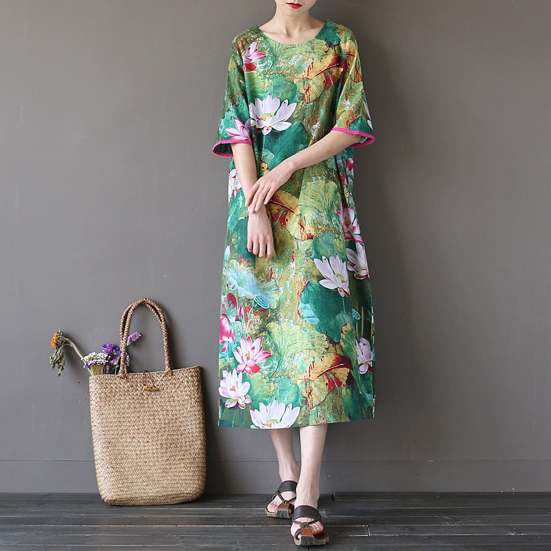 Green-Lotus-flower-Print-O-neck-Women-Long-Dress-Vintage-Chinese-style-Loose-Casual-Summer-Dress-Plu-32674353186