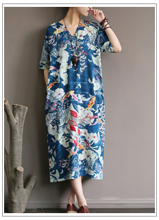 Green-Lotus-flower-Print-O-neck-Women-Long-Dress-Vintage-Chinese-style-Loose-Casual-Summer-Dress-Plu-32674353186