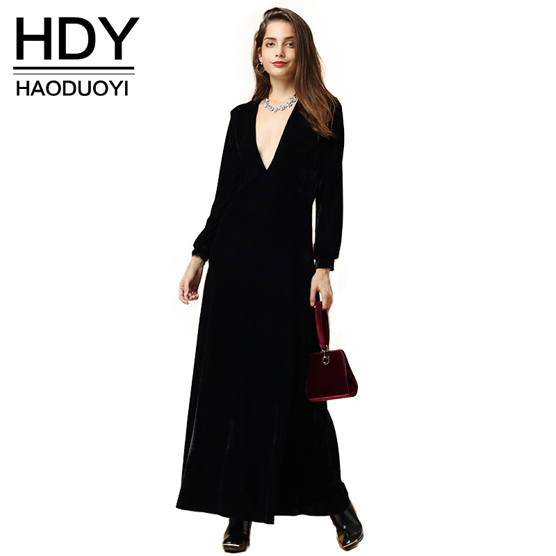 HDY-Haoduoyi-2016-Autumn-Fashion-Women-Black-Velvet-Long-Sleeved-Maxi-Dress-Vestidos-Plunge-Neck-Par-32575861997