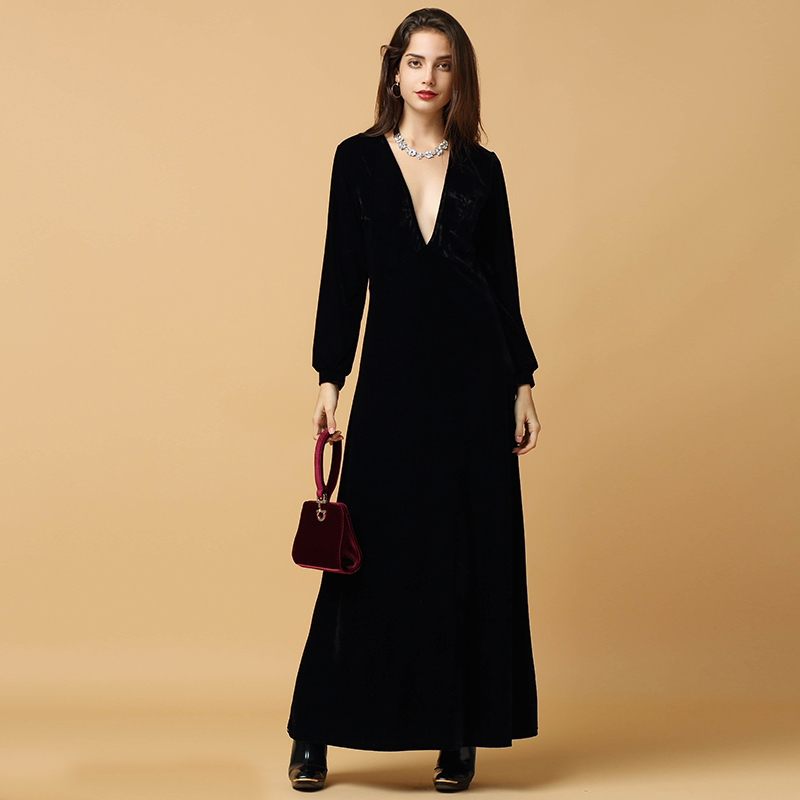 HDY-Haoduoyi-2016-Autumn-Fashion-Women-Black-Velvet-Long-Sleeved-Maxi-Dress-Vestidos-Plunge-Neck-Par-32575861997