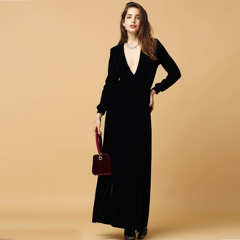 HDY-Haoduoyi-2016-Autumn-Fashion-Women-Black-Velvet-Long-Sleeved-Maxi-Dress-Vestidos-Plunge-Neck-Par-32575861997