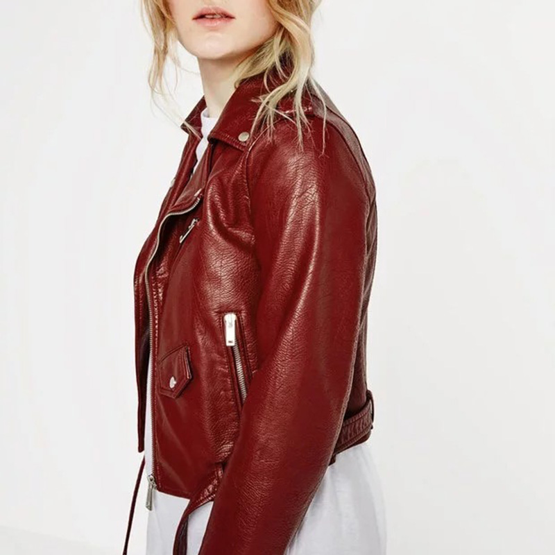 HDY-Haoduoyi-Dark-Red-PU-Short-Biker-Jacket-Metal-Zipper-Bomber-Jacket-Waist-Tie-Long-Sleeve-Spencer-32741590534