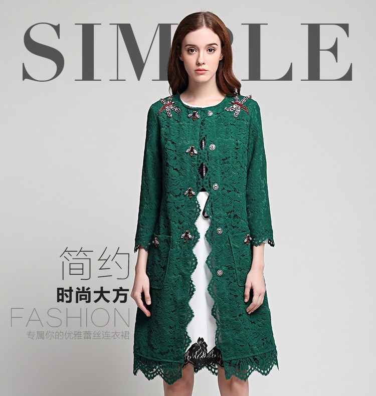 High-Quality-Fashion-Green-Lace-Long-Coat-Three-Quarter-Sleeve-Beading-O_neck-Slim-European-Knee-Len-32786463775