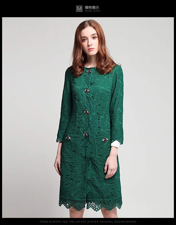 High-Quality-Fashion-Green-Lace-Long-Coat-Three-Quarter-Sleeve-Beading-O_neck-Slim-European-Knee-Len-32786463775