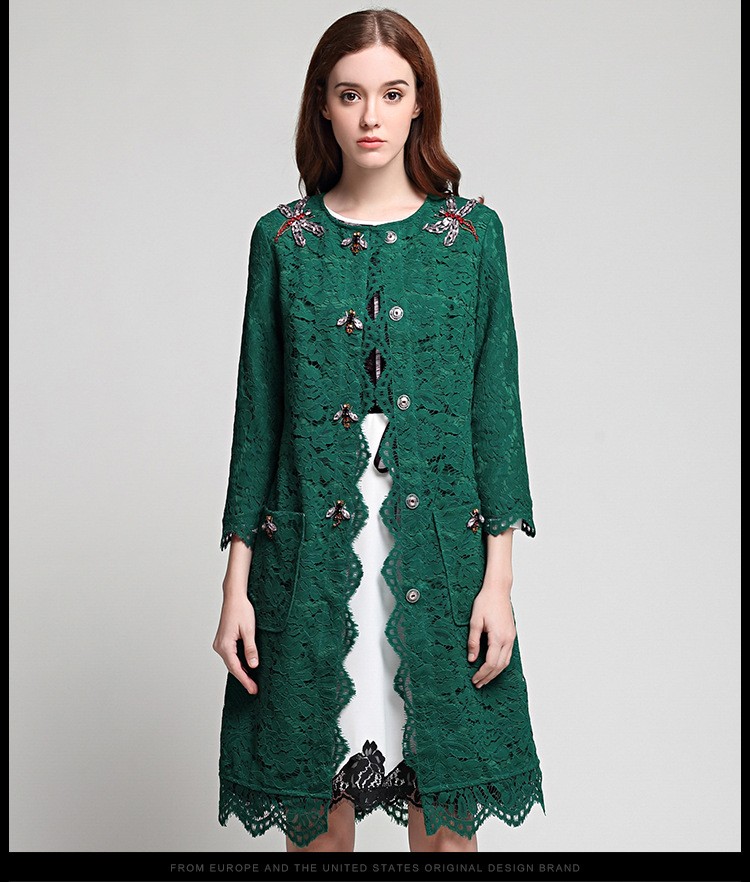 High-Quality-Fashion-Green-Lace-Long-Coat-Three-Quarter-Sleeve-Beading-O_neck-Slim-European-Knee-Len-32786463775