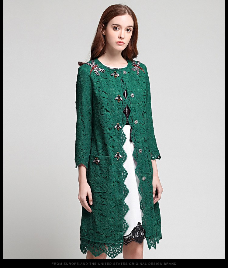 High-Quality-Fashion-Green-Lace-Long-Coat-Three-Quarter-Sleeve-Beading-O_neck-Slim-European-Knee-Len-32786463775