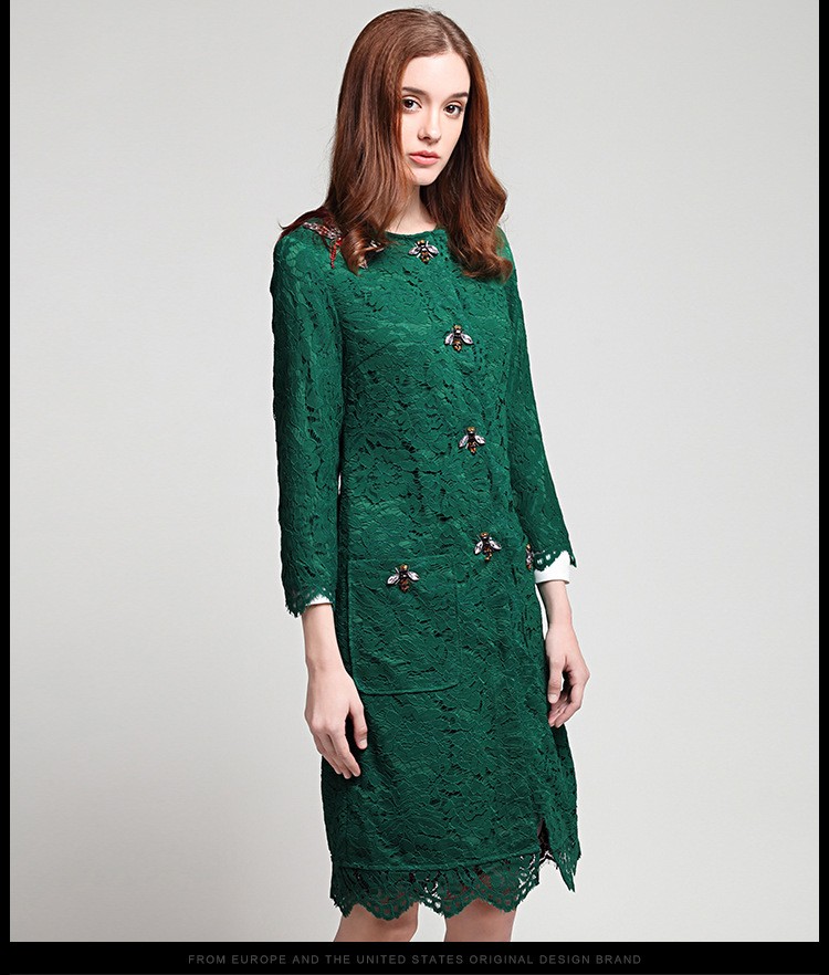 High-Quality-Fashion-Green-Lace-Long-Coat-Three-Quarter-Sleeve-Beading-O_neck-Slim-European-Knee-Len-32786463775