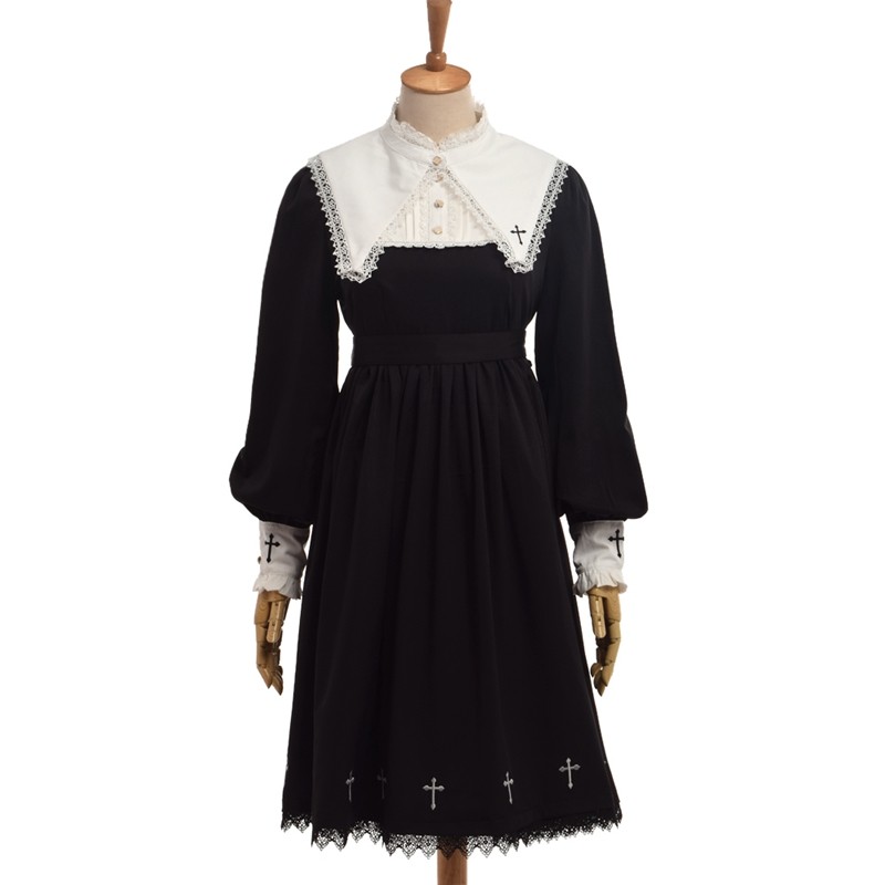 Holy-Girls-Black-Lolita-Dress-Long-Sleeve-Cross-Embroidery-Detachable-Lace-Collar-Costume-32725765659