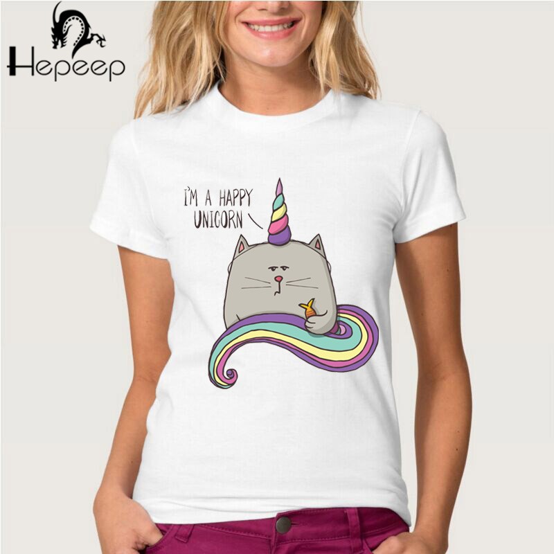 Hopuptee-brandI39m-happy-unicorn-cat-print-T-Shirt-women39s-short-sleeve-cute-tops-tees-32746564679