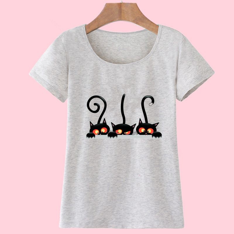 Hot-New-Fashion-Summer-Women39s-Casual-Slim-Short-Sleeved-T-Shirt-Camisas-with-Peek-of-Three-Kittens-32650888696