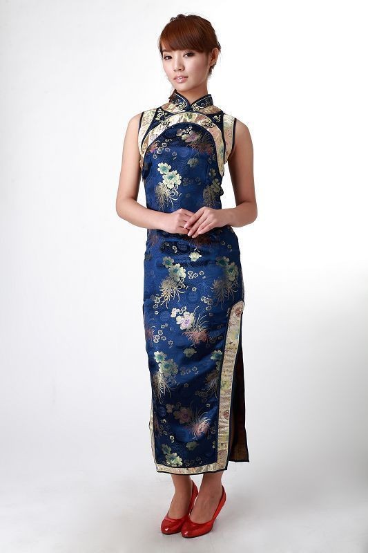 Hot-Sale-Black-Chinese-Women39s-Satin-Polyester-Long-Cheongsam-Qipao-Dress-Flower-Size-S-M-L-XL-XXL--1897767227