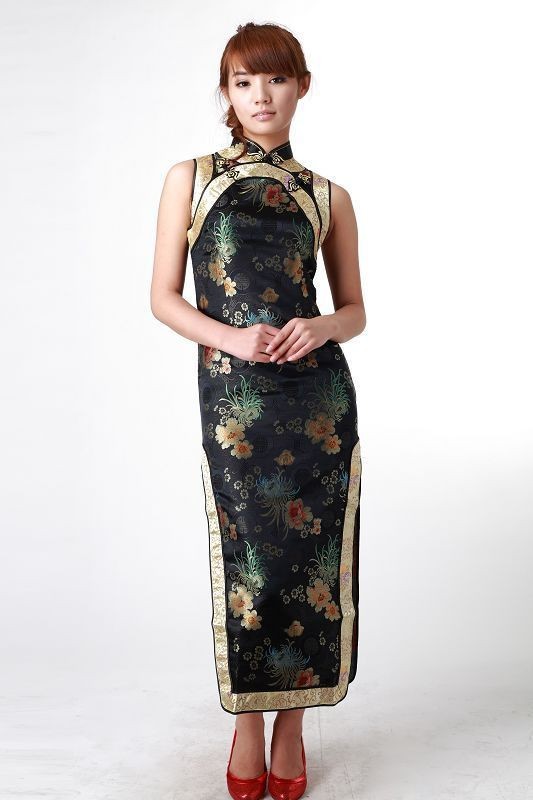 Hot-Sale-Black-Chinese-Women39s-Satin-Polyester-Long-Cheongsam-Qipao-Dress-Flower-Size-S-M-L-XL-XXL--1897767227