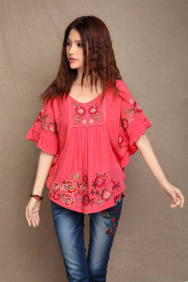 Hot-Summer-Women-Retro-Ethnic-Style-Flower-Embroidery-V-Neck-34-Sleeve-Loose-Pleated-Mini-Dress-32445839696